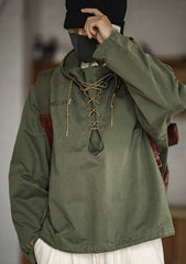 Maden male Hooded Pullover Long Sleeve Deck Parker Jacket Drawstring Neckline Workwear Jacket Green Cuffs Ribbon Closure Jacket