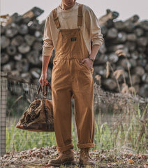DIANHAI-Men's vintage p44 one-piece work pants backpack pants loose with pants long pants