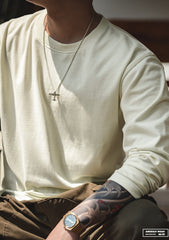 Madden workwear men's vintage 300g cotton heavyweight long-sleeved T-shirt white round neck inside sweatshirt bottoming shirt