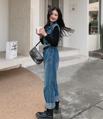 Hui Yan Ji Autumn sleeveless straight denim backpack pants women's 2022 new Korean version of the workwear one-piece wide leg pants