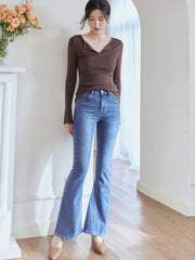 ROEYSHOUSE women's retro flare stretch jeans autumn new high waist dark blue casual pants