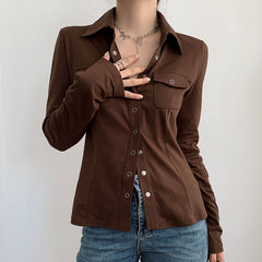 WEEKEEP Women's vintage cardigan work shirt jacket with a hundred buckles lapel long-sleeved tops