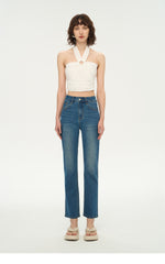 WR-Women's straight jeans high waist loose with a hundred stretch pipe nine-quarter pants