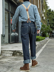 EPKing-Men's retro railroad vertical striped backpack pants loose wide leg straight work denim jeans