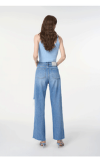 WR-Women's hole-breaking jeans loose thin high-waisted fur-trimmed wide-legged pants washed open fork dragging pants new