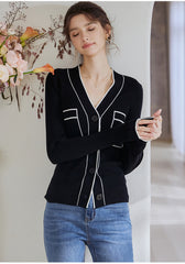 ROEYSHOUSE Women's light luxury cashmere slim sweater autumn new sensible V-neck stretch knit cardigan