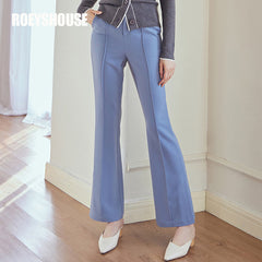 ROEYSHOUSE Women's haze blue trim flared pants autumn new high waist stretch casual pants