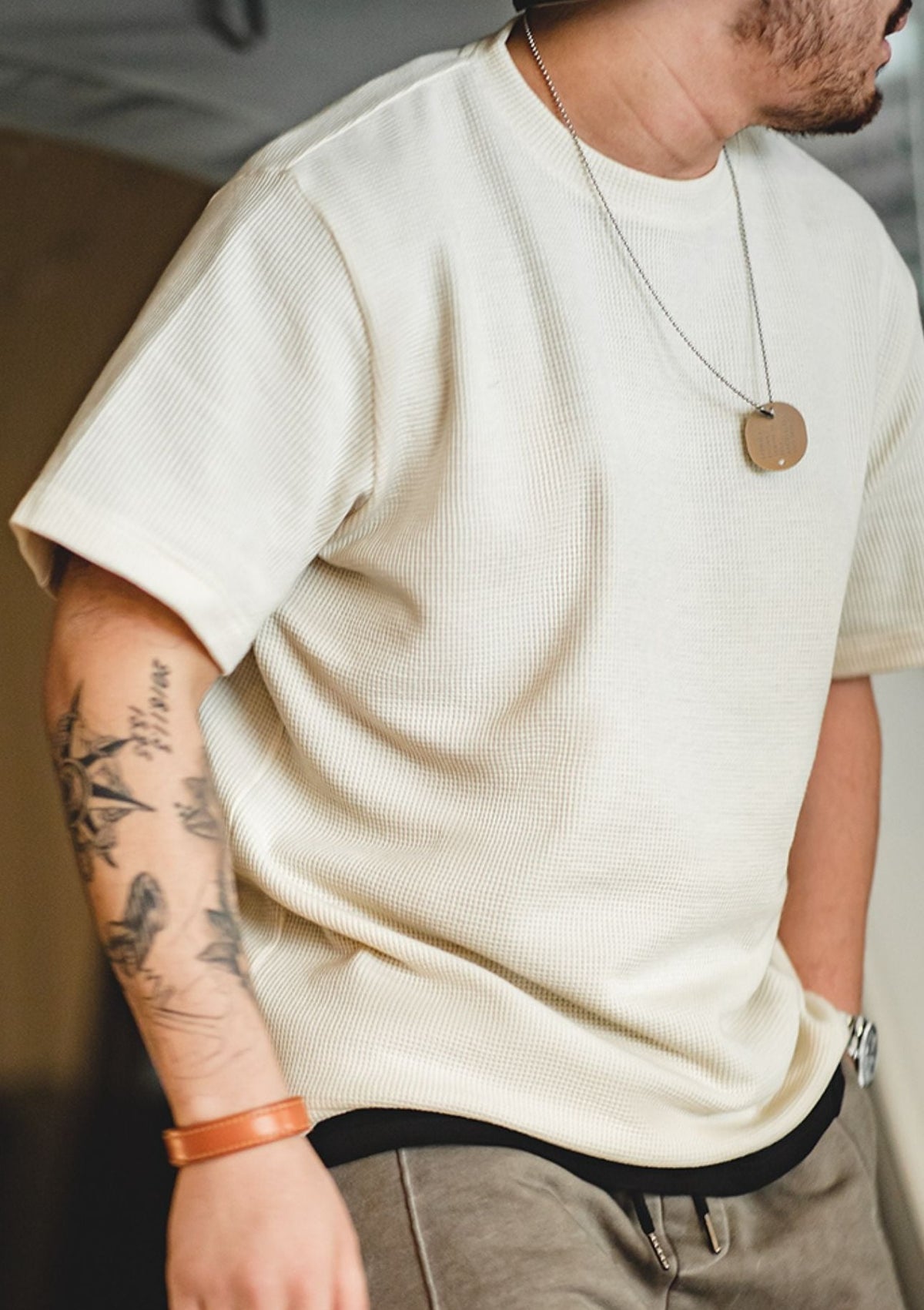 Madden workwear men's American vintage heavy knit waffle T-shirt white positive shoulder clicker short sleeve half-sleeve shirt