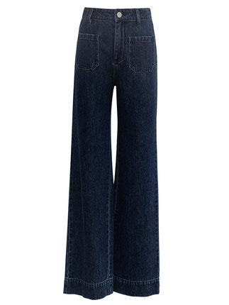 ROEYSHOUSE women's retro high-waisted wide leg jeans autumn and winter new dark blue thin stretch pants