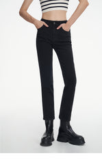 WR-women's black straight jeans high waist Slim stretch thin nine-point pipe pants autumn and winter new
