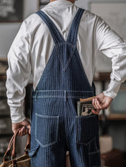 DIANHAI-Mens vintage denim denim backpack pants wide leg railroad work pants striped pants