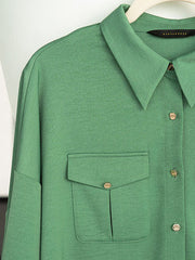ROEYSHOUSE Women's green satin shirt autumn new commuter shirt lapel long-sleeved blouse