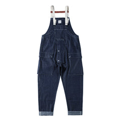 Redtornado-Mens retro American workwear denim backpack pants loose suspenders work pants pants 12OZ original cow jeans