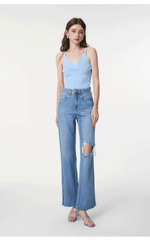 WR-Women's hole-breaking jeans loose thin high-waisted fur-trimmed wide-legged pants washed open fork dragging pants new