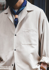 Madden men's workwear French vintage long-sleeved Cuban collar thin shirt Naples Japanese shirt peach skin velvet