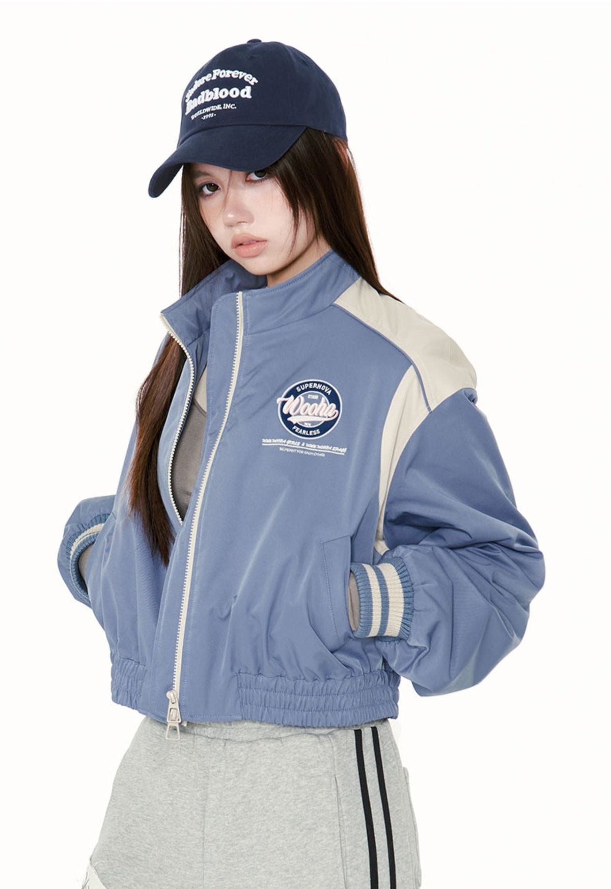 WooHa 2022 winter new vintage and versatile work wind collar loose sweet cool blue short jacket female