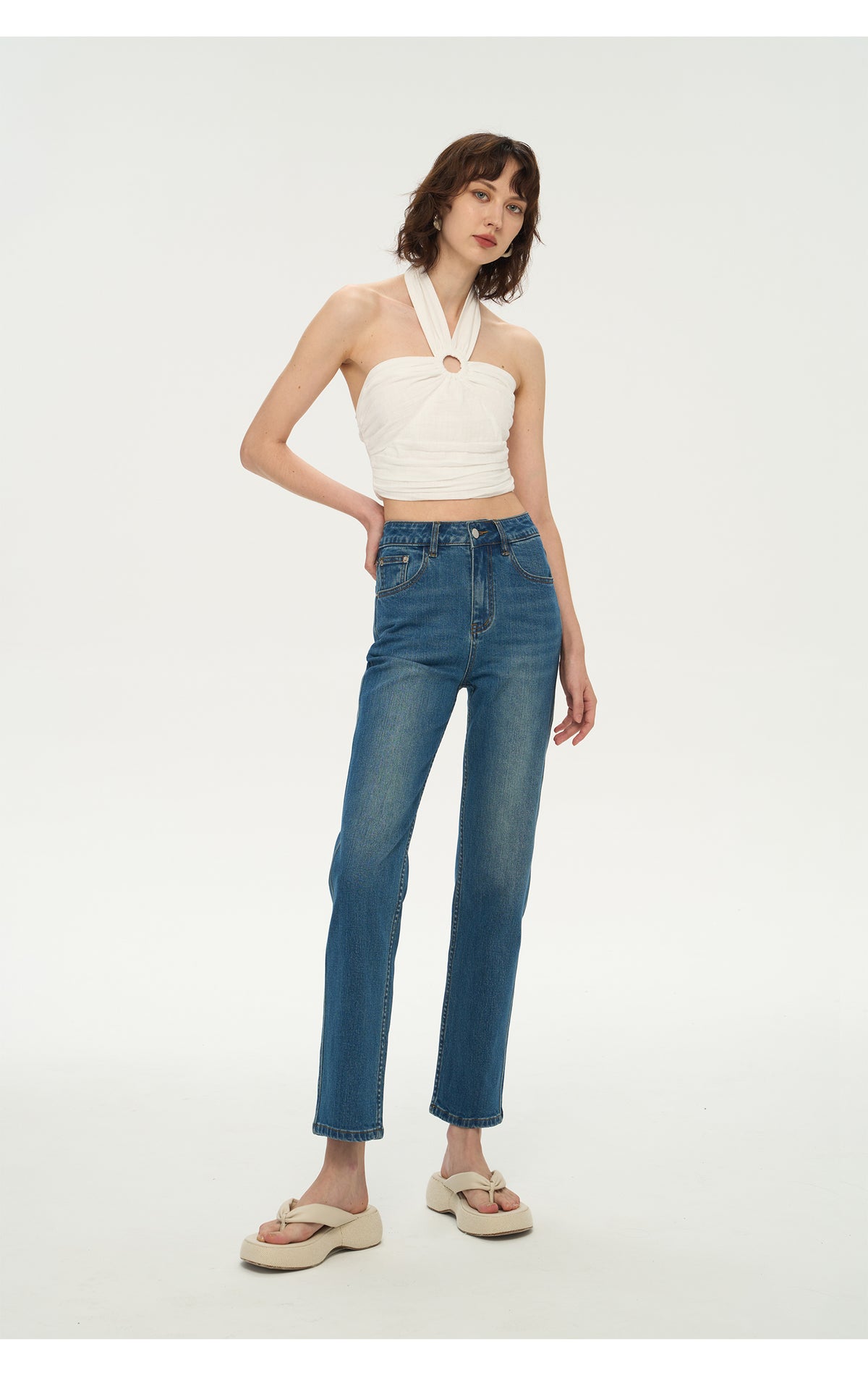 WR-Women's straight jeans high waist loose with a hundred stretch pipe nine-quarter pants