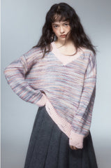 Soote Season women's retro lazy wind knitwear broken hole gradient V-neck sweater women