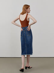 Circlofy women's split denim half skirt high waist fur hem package hip skirt