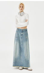MessAgeLab-Women's vintage senior sense mid-length work skirt casual versatile torn seam denim half skirt