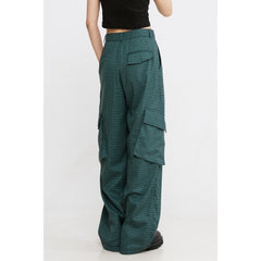 THELIGHT women's loose wide leg work pants plaid green high street camping pants