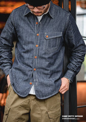 Maden Men Jeans Indigo Washed Solid Work Shirt Selvedge jeans Shirt Denim Shirt Long Sleeve Shirt Jacket Vintage Tops Clothing
