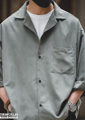 Madden men's workwear French vintage long-sleeved Cuban collar thin shirt Naples Japanese shirt peach skin velvet