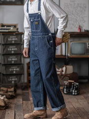 DIANHAI-Mens vintage denim denim backpack pants wide leg railroad work pants striped pants