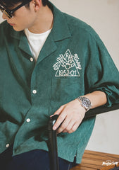 Madden men's workwear American vintage dark green shirt peach skin fleece embroidered loose lapel shirt