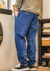 Maden Casual Denim Jeans For Men Elastic Waist Loose Straight Long Pants Dark Blue Baggy Trousers Streetwear Brand Clothing