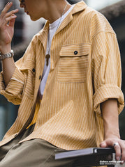Maden Striped Cuban Collar Men Shirt Jap Retro Patchwork Vintage Pocket Long-sleeved Polyester Cotton Spring Fall Shirt Trend